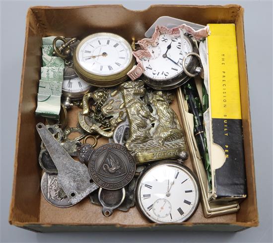 A Sultana calendar watch, four pocket watches including silver, coins, banknotes and two pens etc.